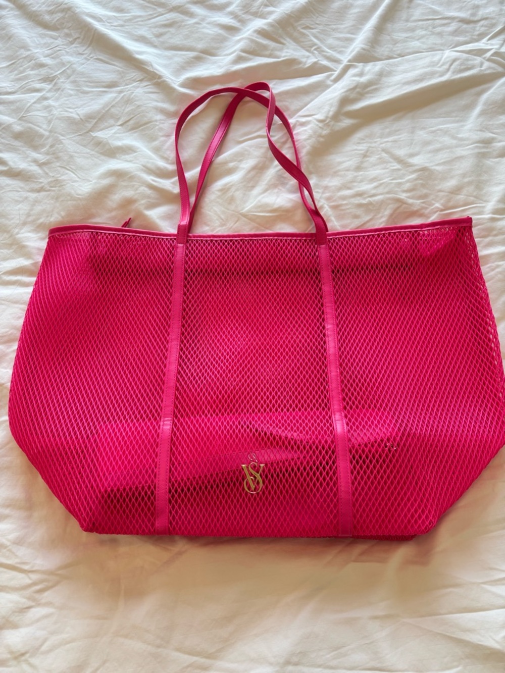 Victoria's Secret Bright Pink Mesh Tote with Gold Logo